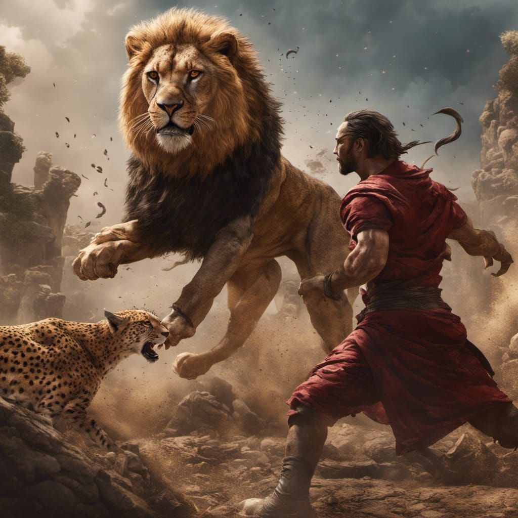 Hero Battles Lion and Cheetah in Fantasy Realm