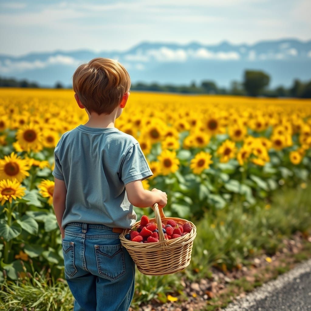 A young boy clad in jeans and t-shirt, pauses his journey to...