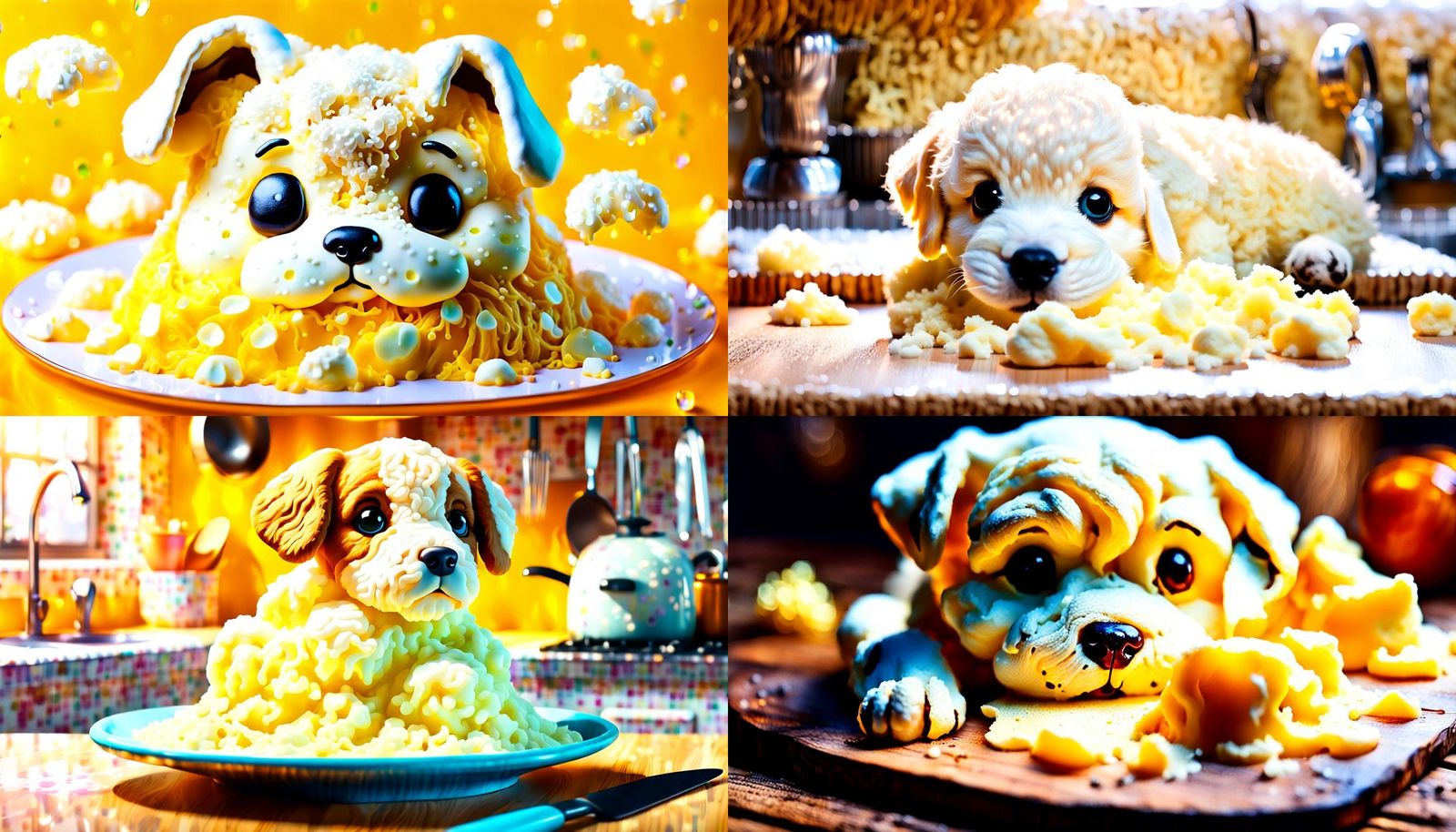Hyperrealistic Mash Potato Puppy in Vibrant Whites and Cutes