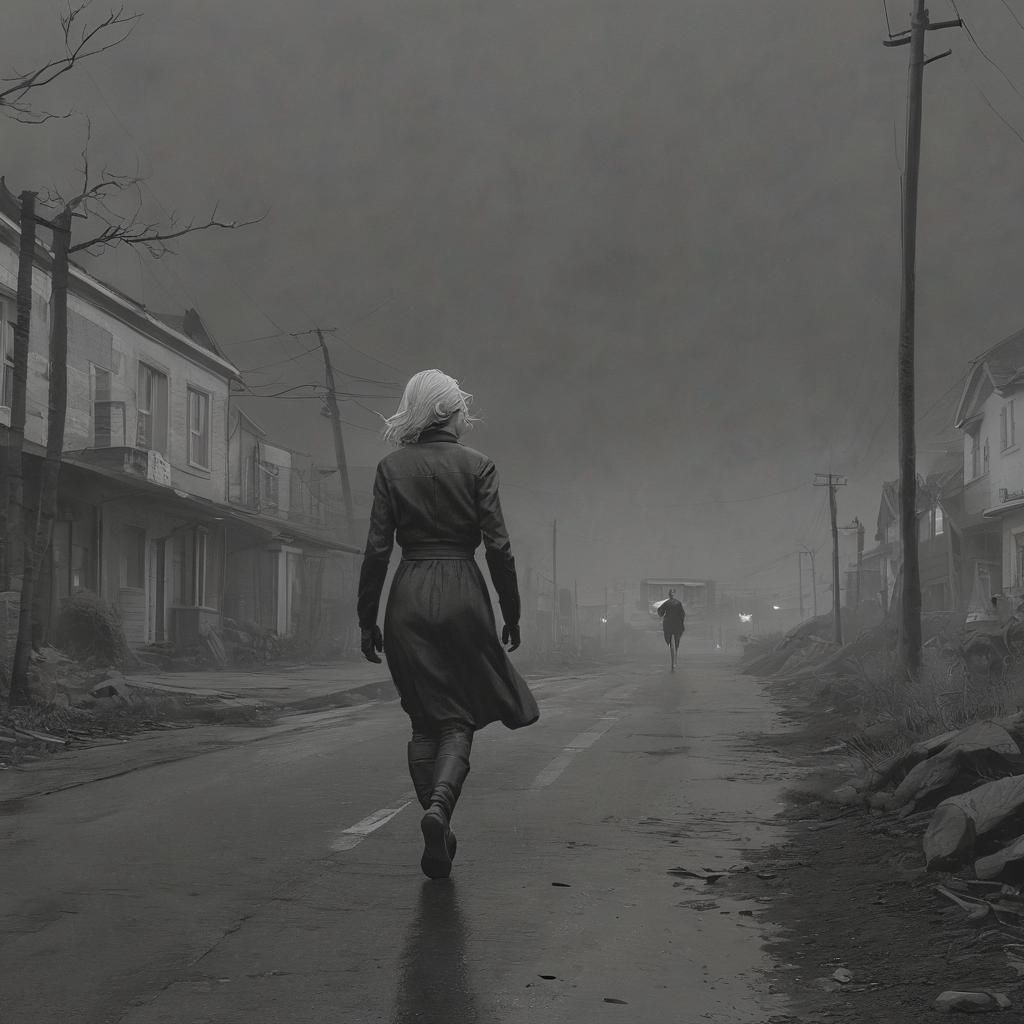 Dark Cityscape with Fleeing Woman in Neo-Noir Fantasy