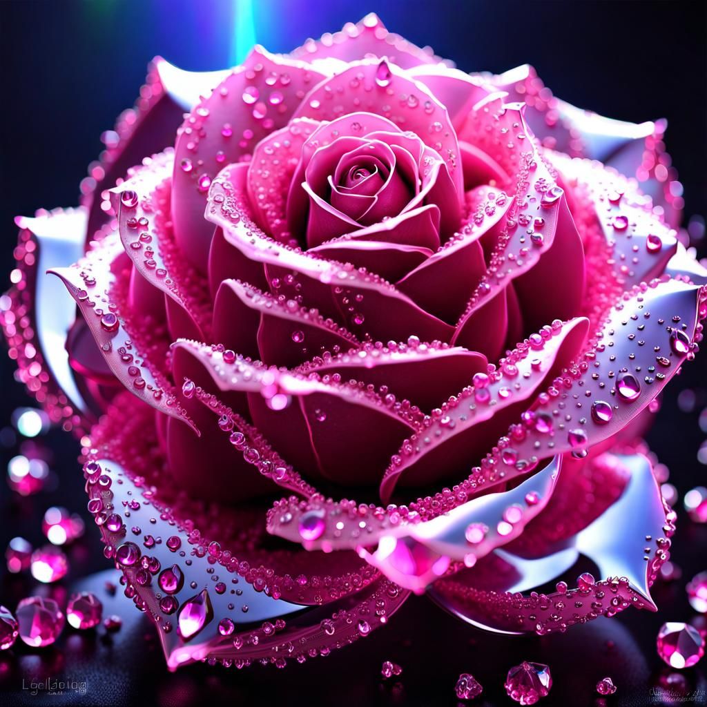 Iridescent Crystal Rose in Vignette, Hyperdetailed Fantasy C...