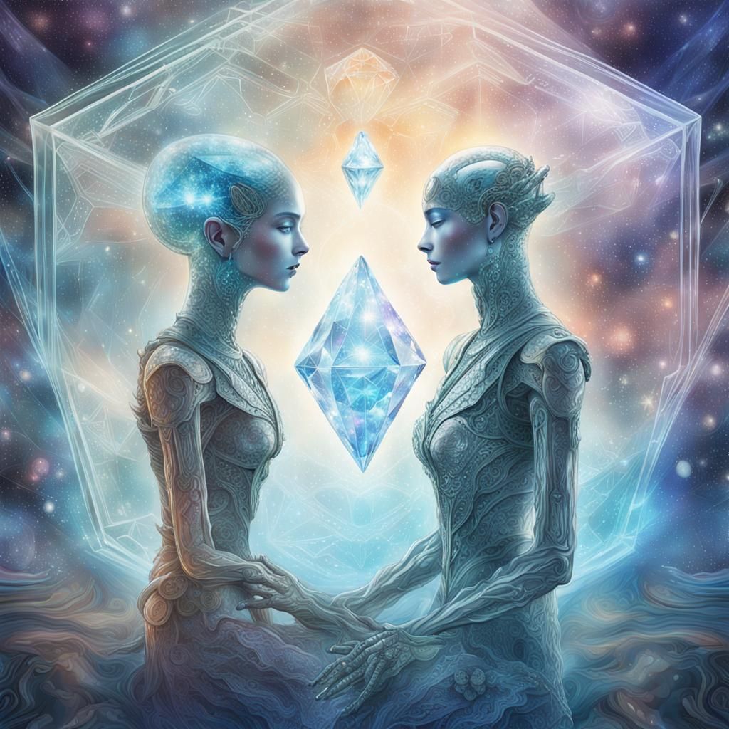 Transparent Cosmic Beings in a Diamond Crystal Spaceship