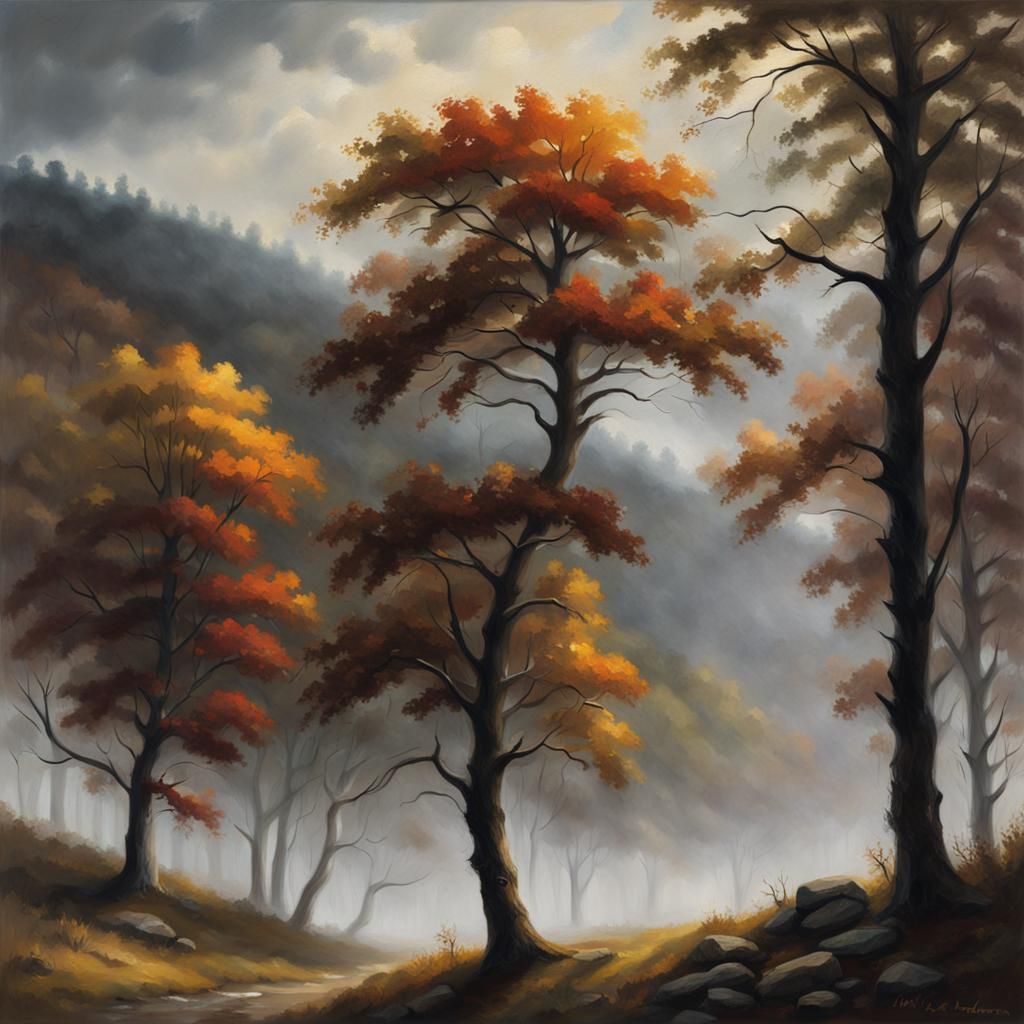 Autumn Landscape in Moody Oil Painting Style