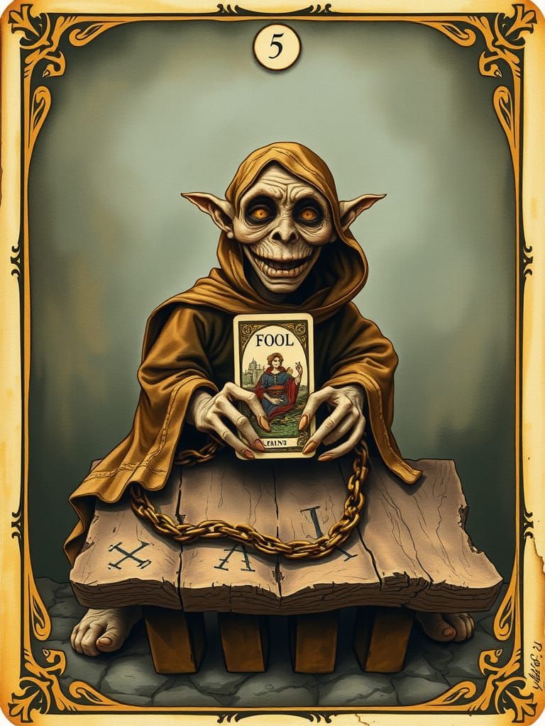 Whimsical Tarot Card in Muted Earth Tones and Golden Edges