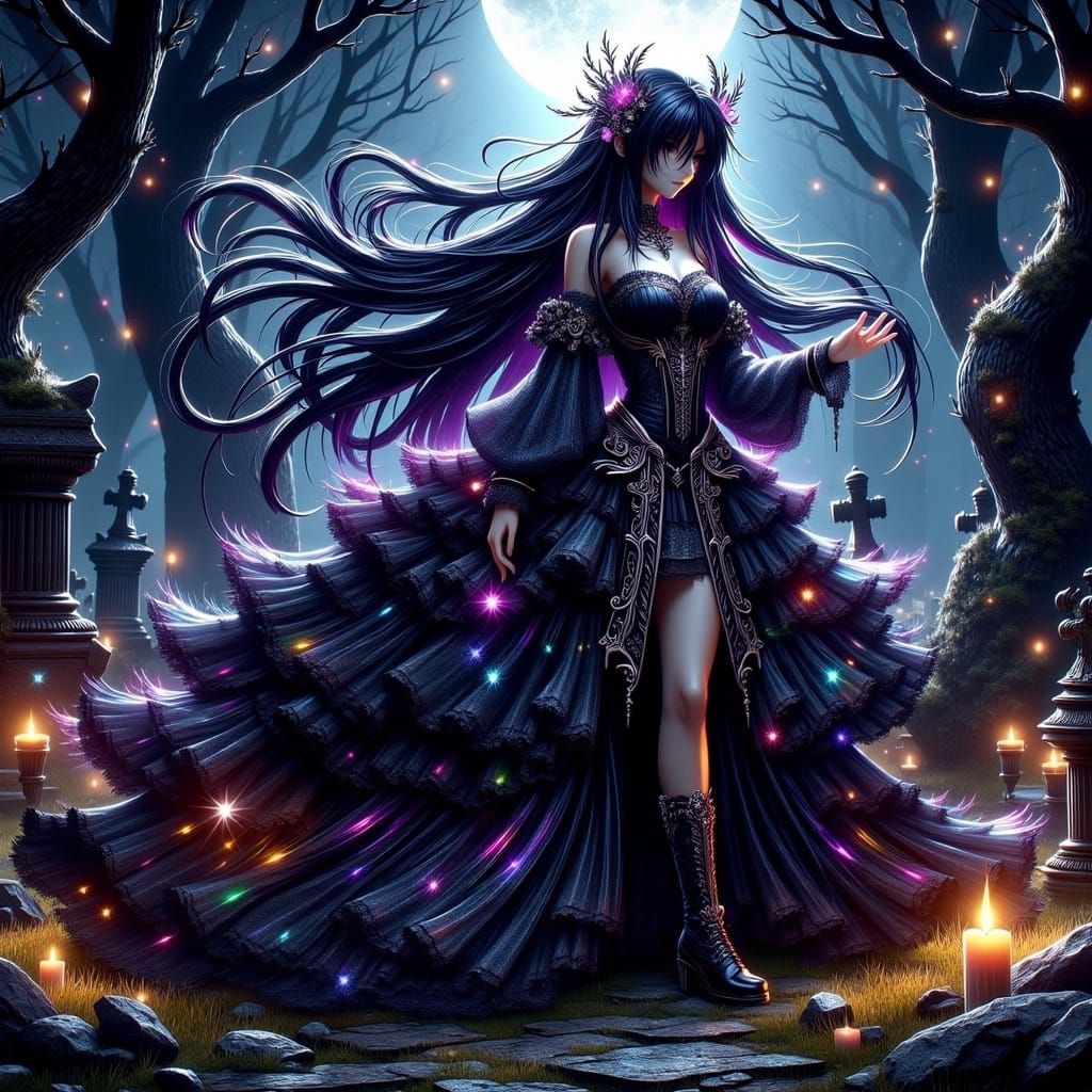 Victorian All Hallows Goddess with Raven Hair and Autumn Lea...