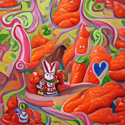Whimsical Gouache Painting of a Carrot Man and Red Bunny in...