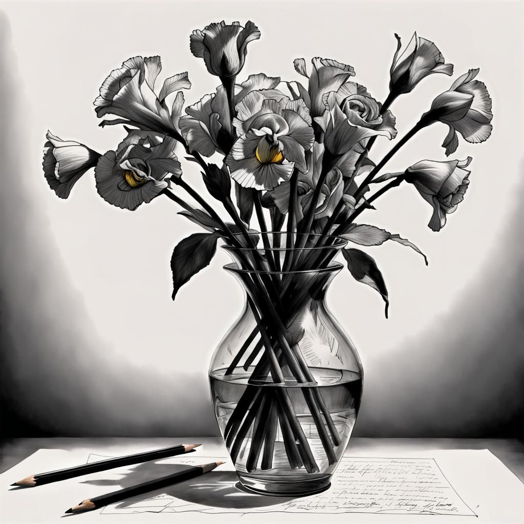 Delicate Iris in Clear Vase Pencil Illustration