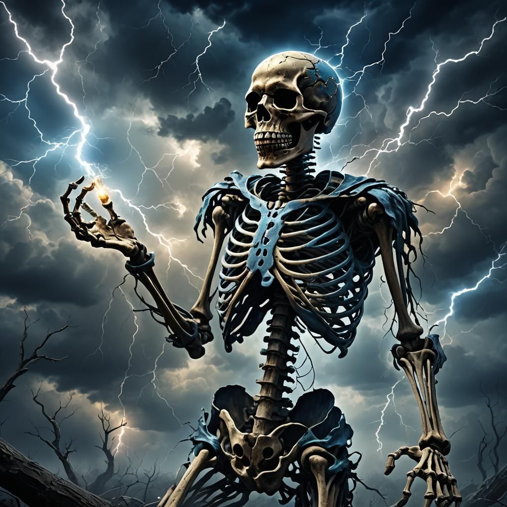 Skeleton Weaves Dark Magic Under Thunderous Skies in Cyberpu...