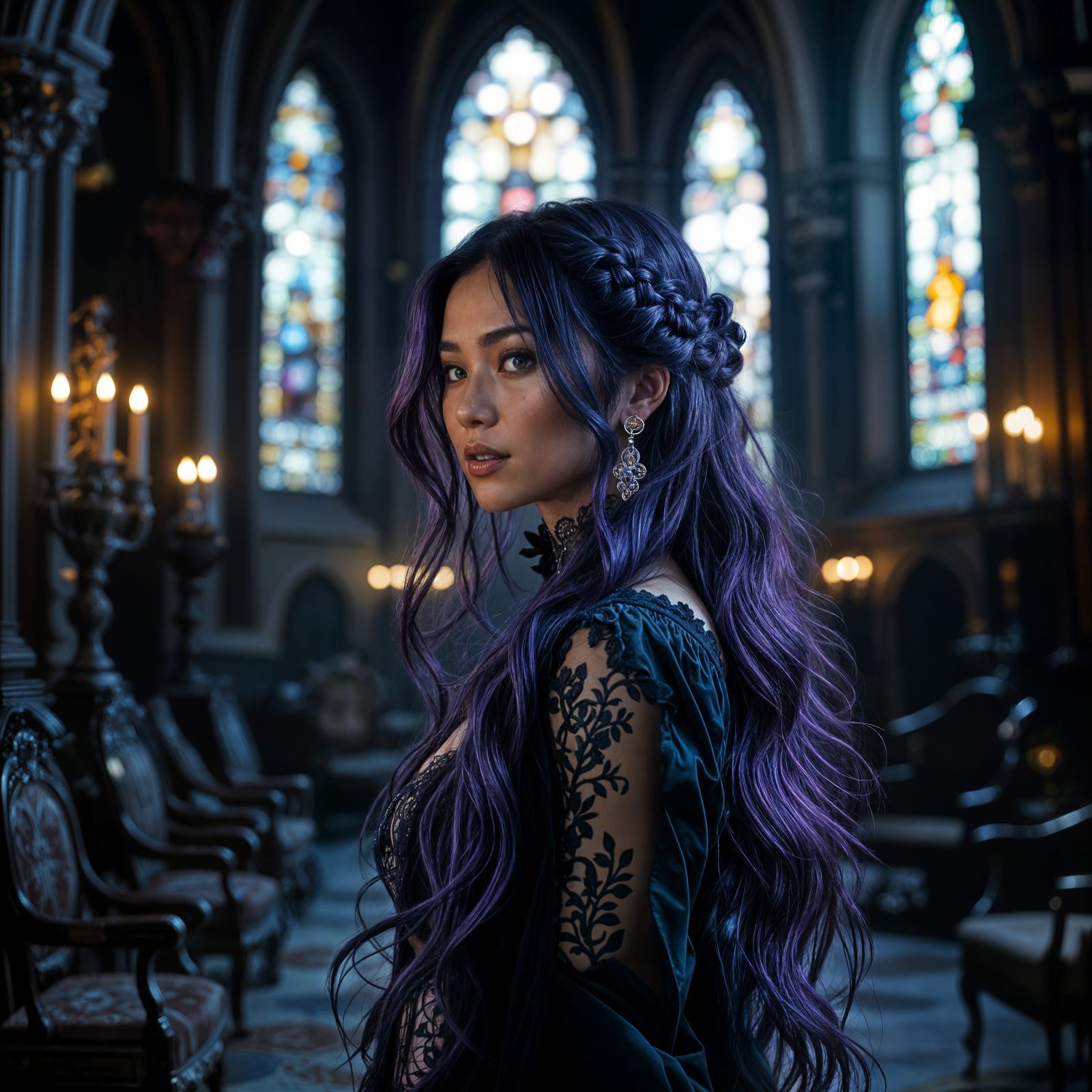 Filipina Woman with Purple Hair in Gothic Cathedral