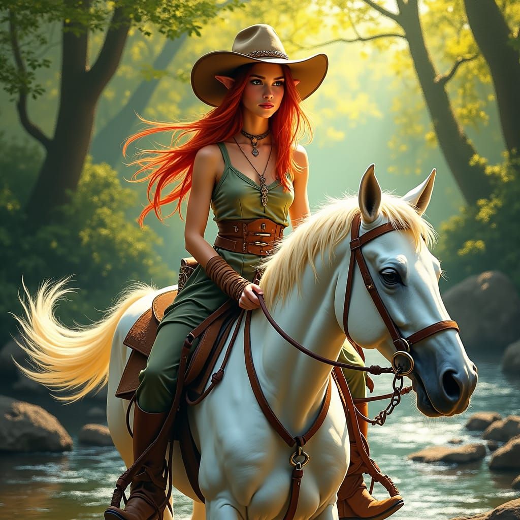 Ethereal Forest Elf Rides into Sunset in Impressionistic Oil