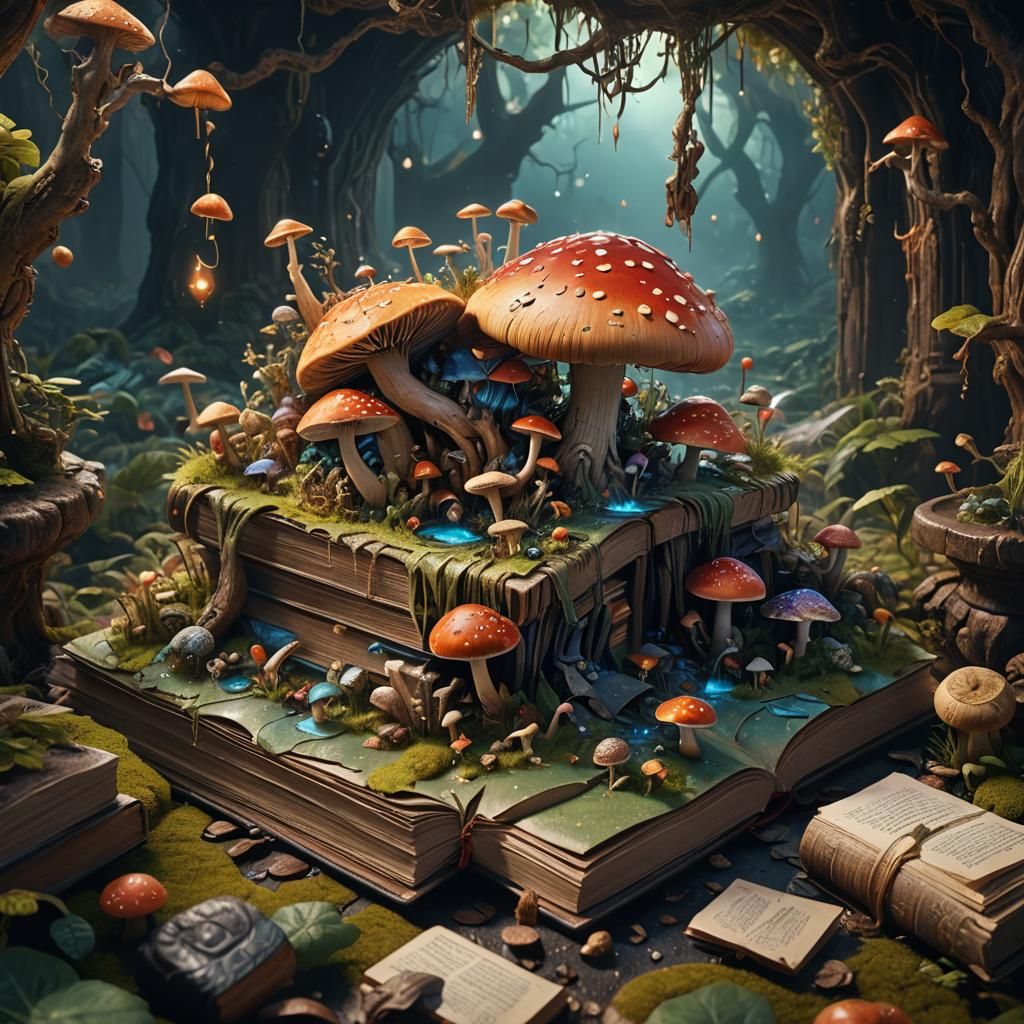 Fantastical Fungus Emerges from a Volumetric Book in a Detai...