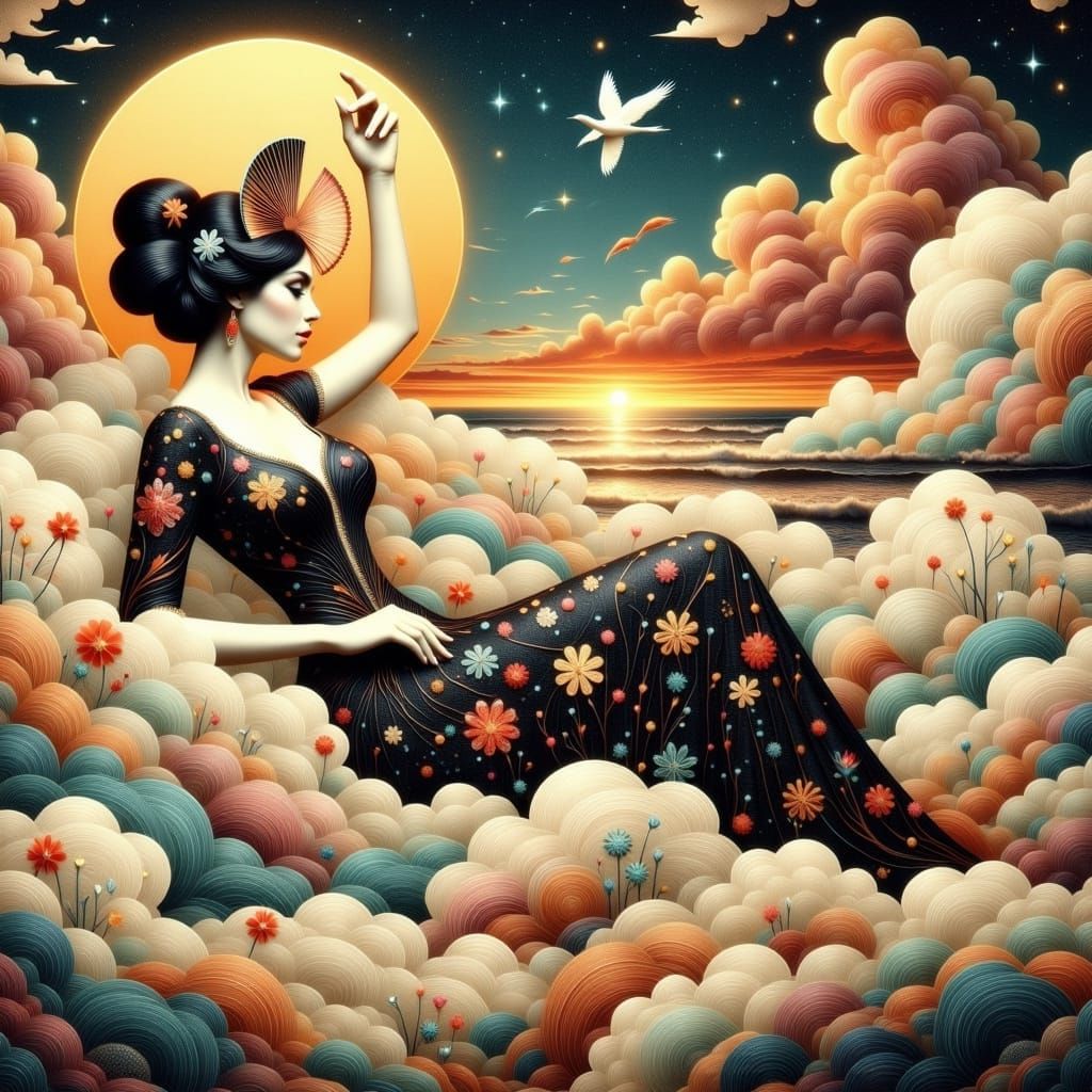 Elegant Art Deco Goddess Amidst Celestial Clouds