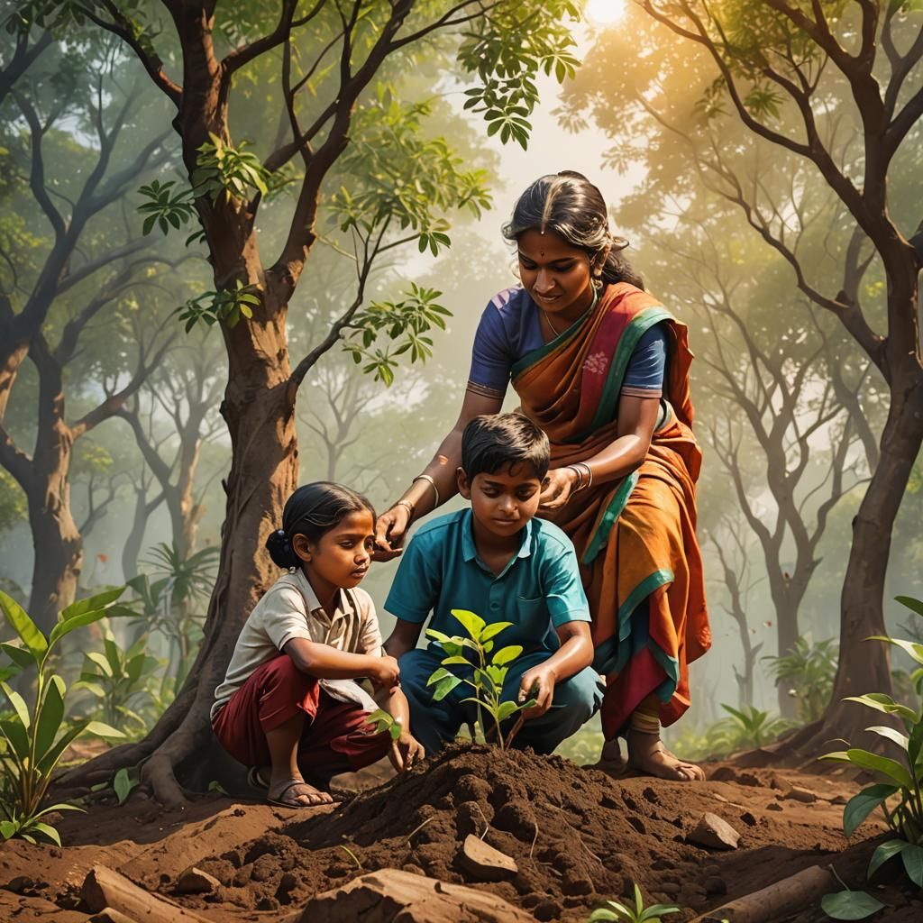 Indian Children Planting Trees in Vibrant Hyperrealistic Sty...