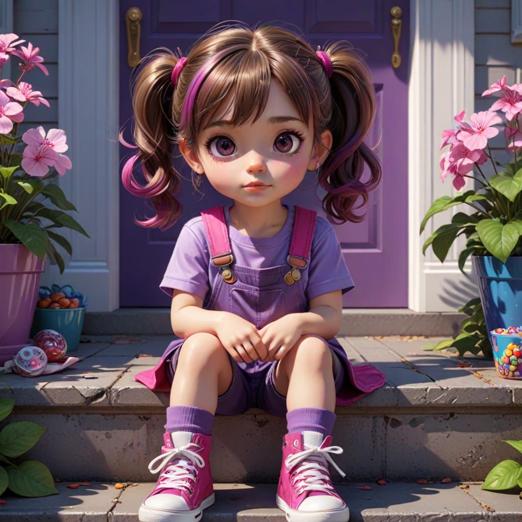 Psychedelic Chibi Girl on Porch in Candy Art Style