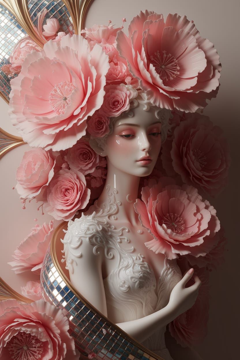 Surreal Figures Intertwined with Flowers in Art Nouveau Styl...