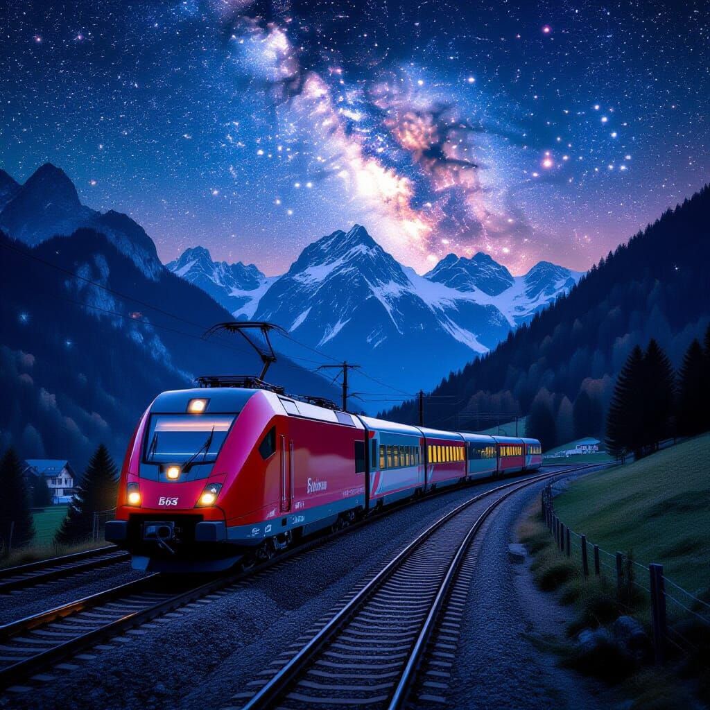 Magic Train in Austrian Alps Under Surreal Starry Sky