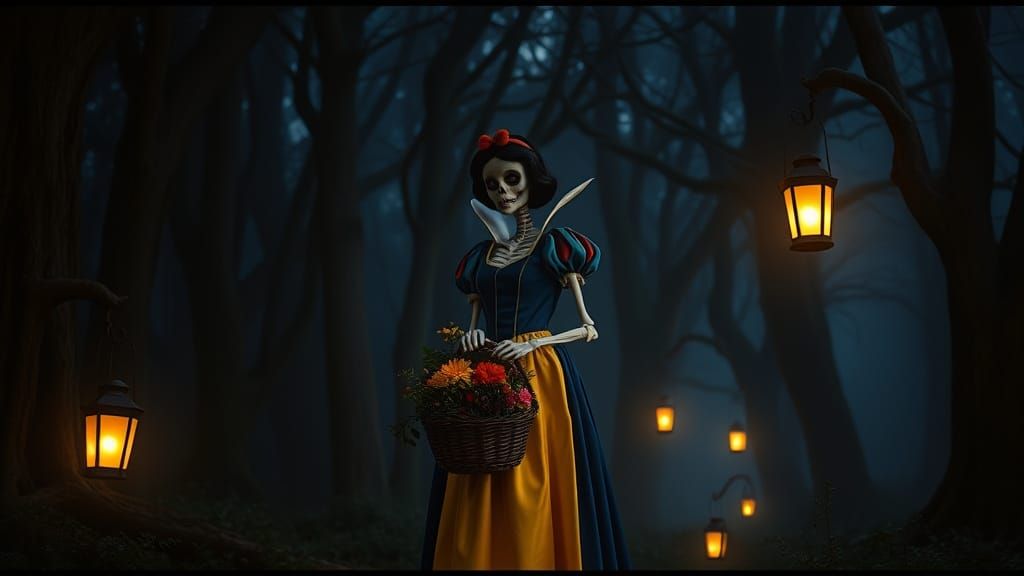 Skeletal Snow White in Enchanted Forest with Lanterns