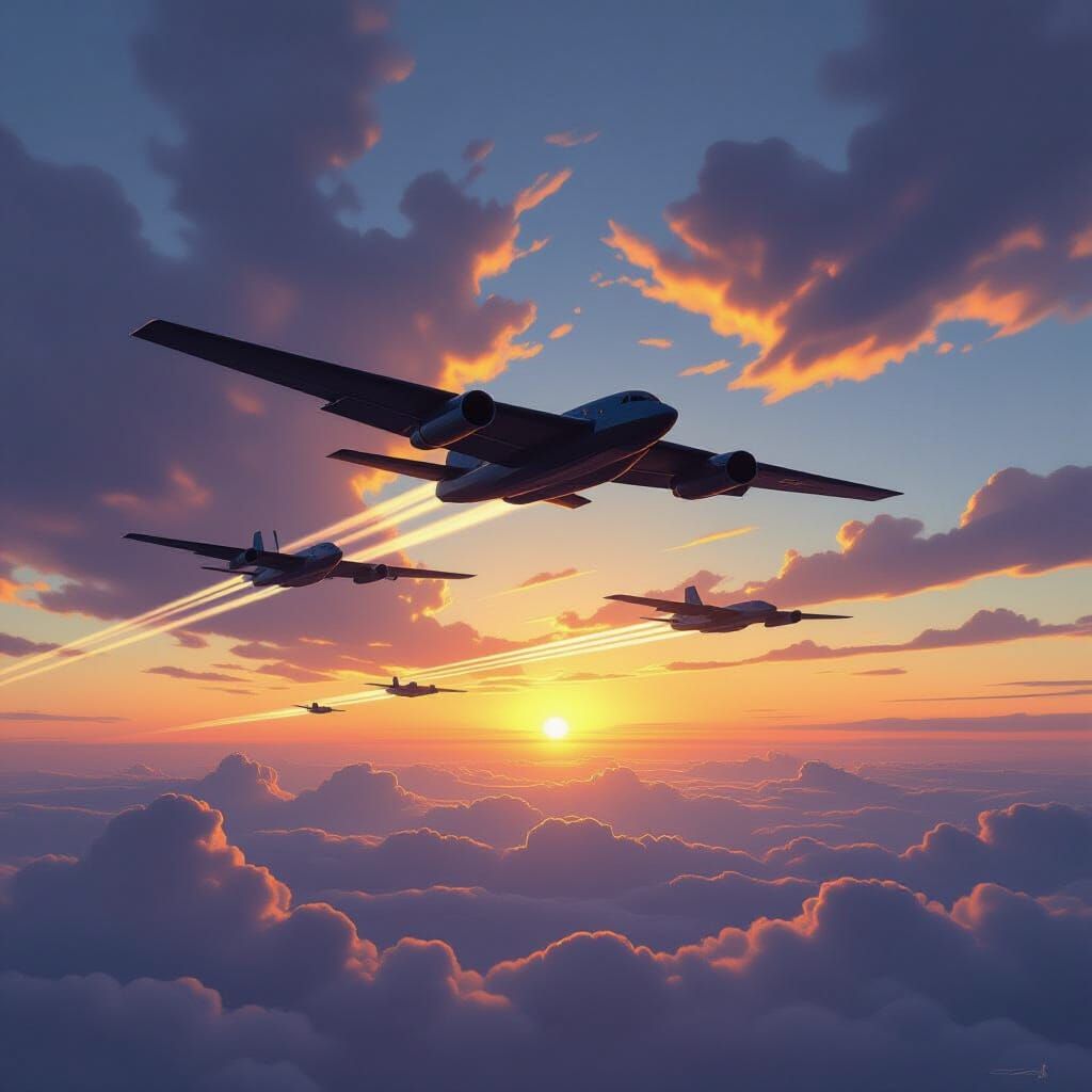 B-2 Bombers in Twilight, Hyperrealistic Digital Art