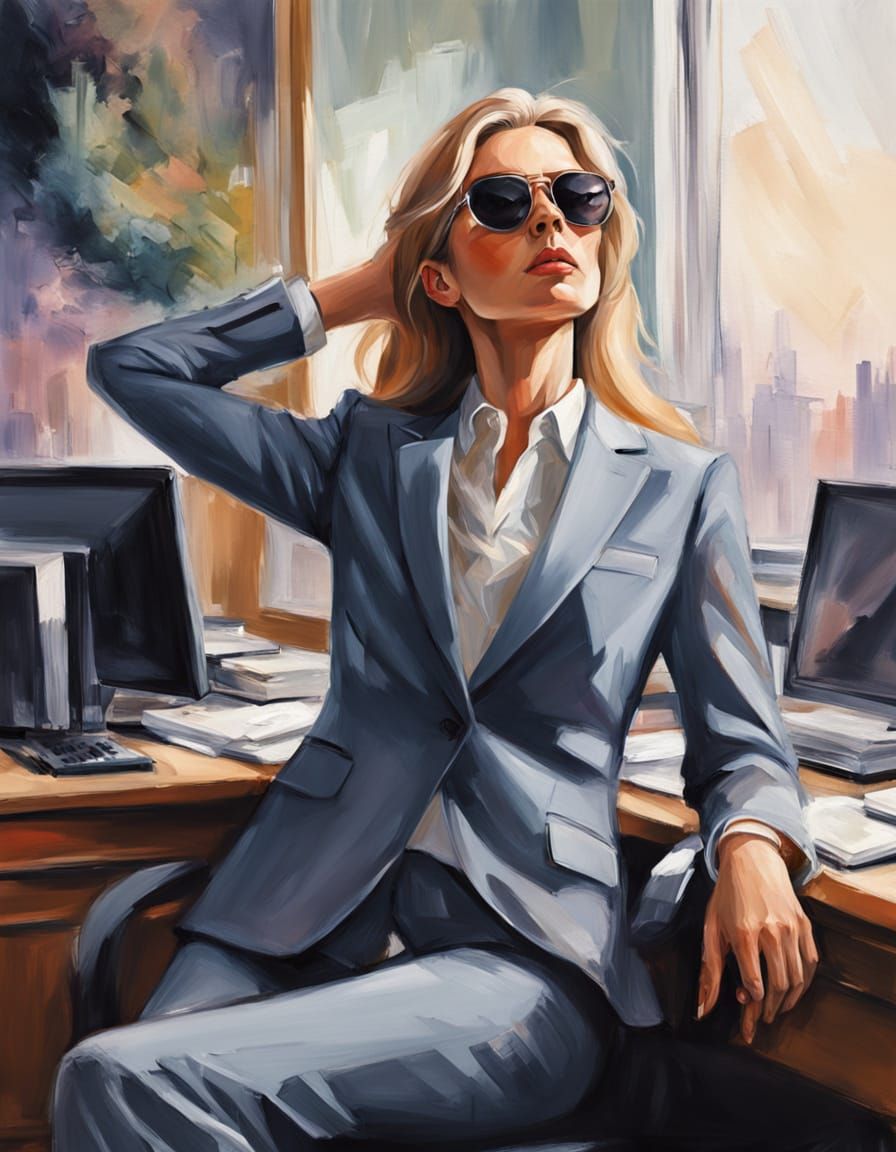 Surreal Businesswoman in Office, Oil Painting Style