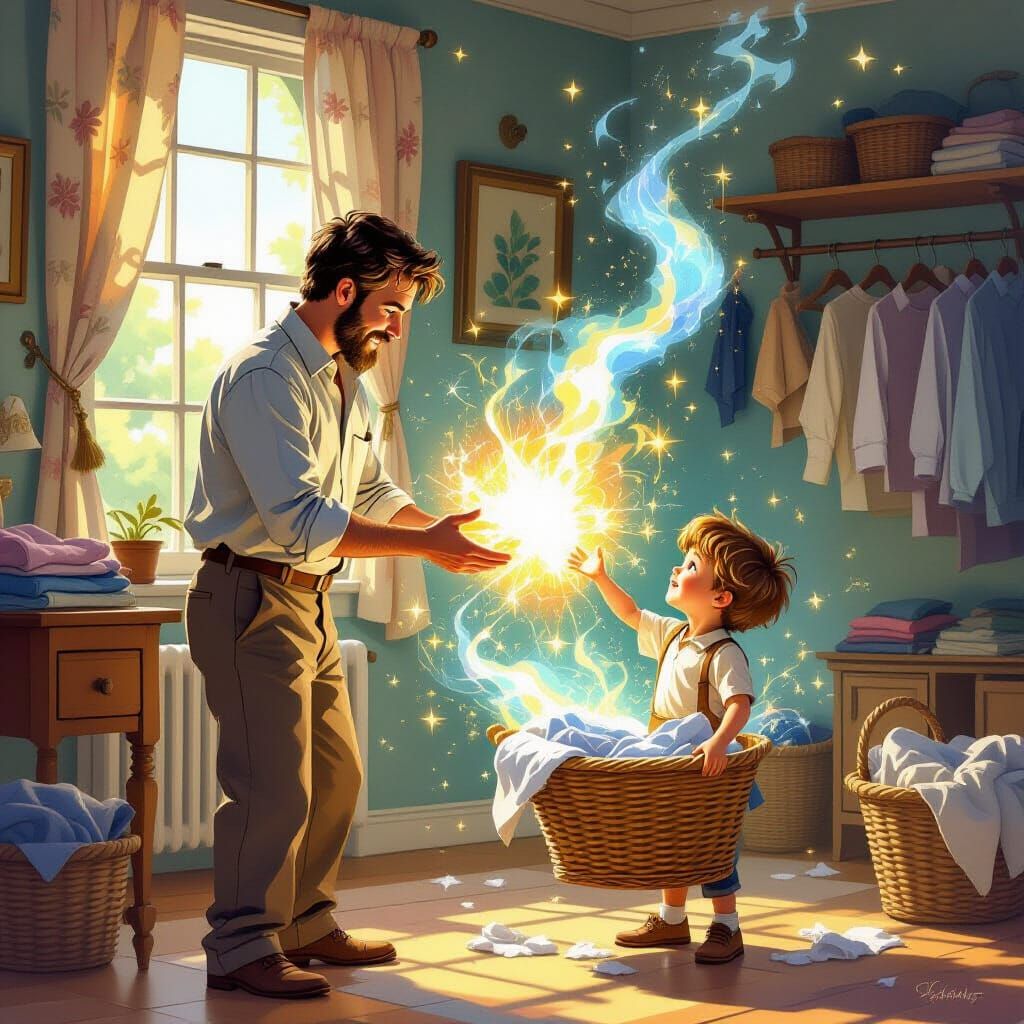 Father Watches Son Use Magic to Clean, Storybook Style