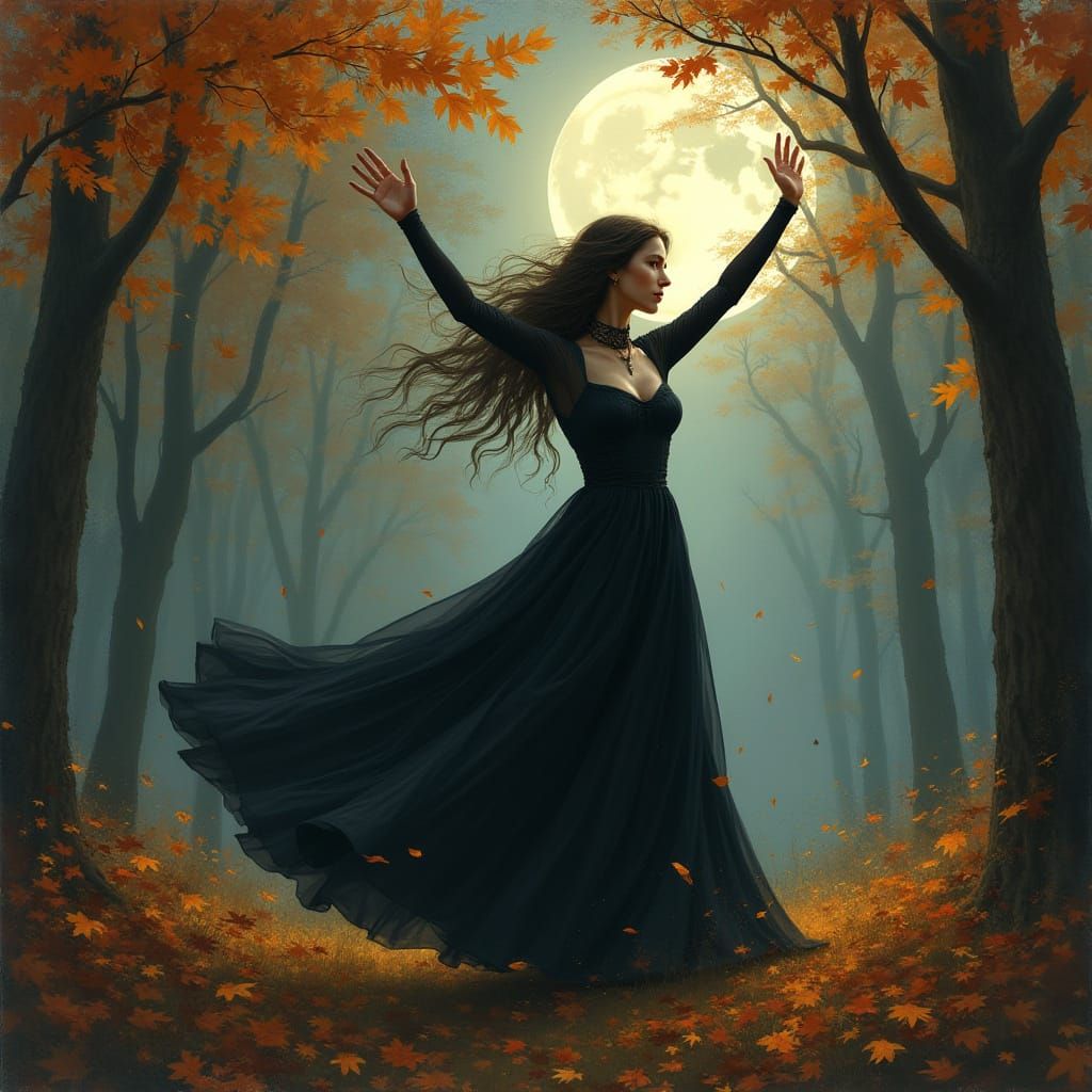 Mystical Witch in Autumn Forest, Fantasy Art