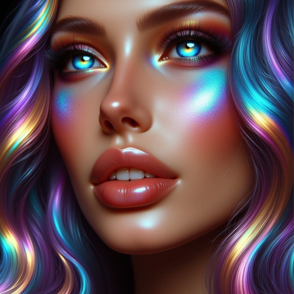 <lora:Iridescent Beauty:1.0> Beautiful and elegant , shimmering iridescent hair and eyes, awesome eyes and shiny lips, f...