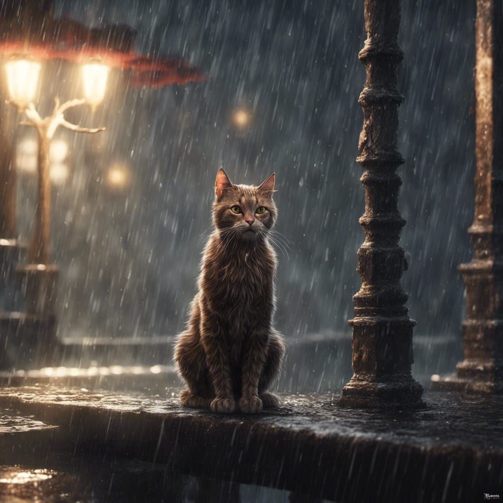 a cat sitting in the rain