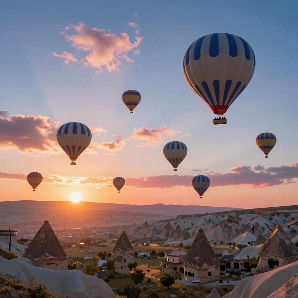 Hot Air Balloons Ascend Over Cappadocia at Sunrise