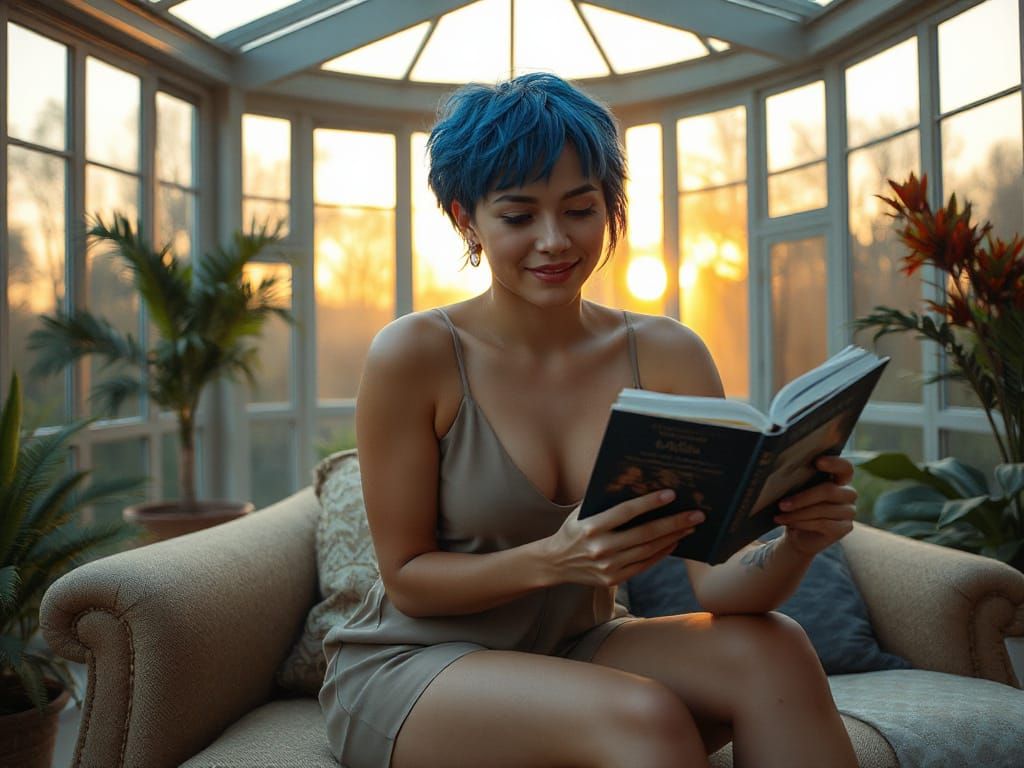 Woman Reading in Sunlit Conservatory
