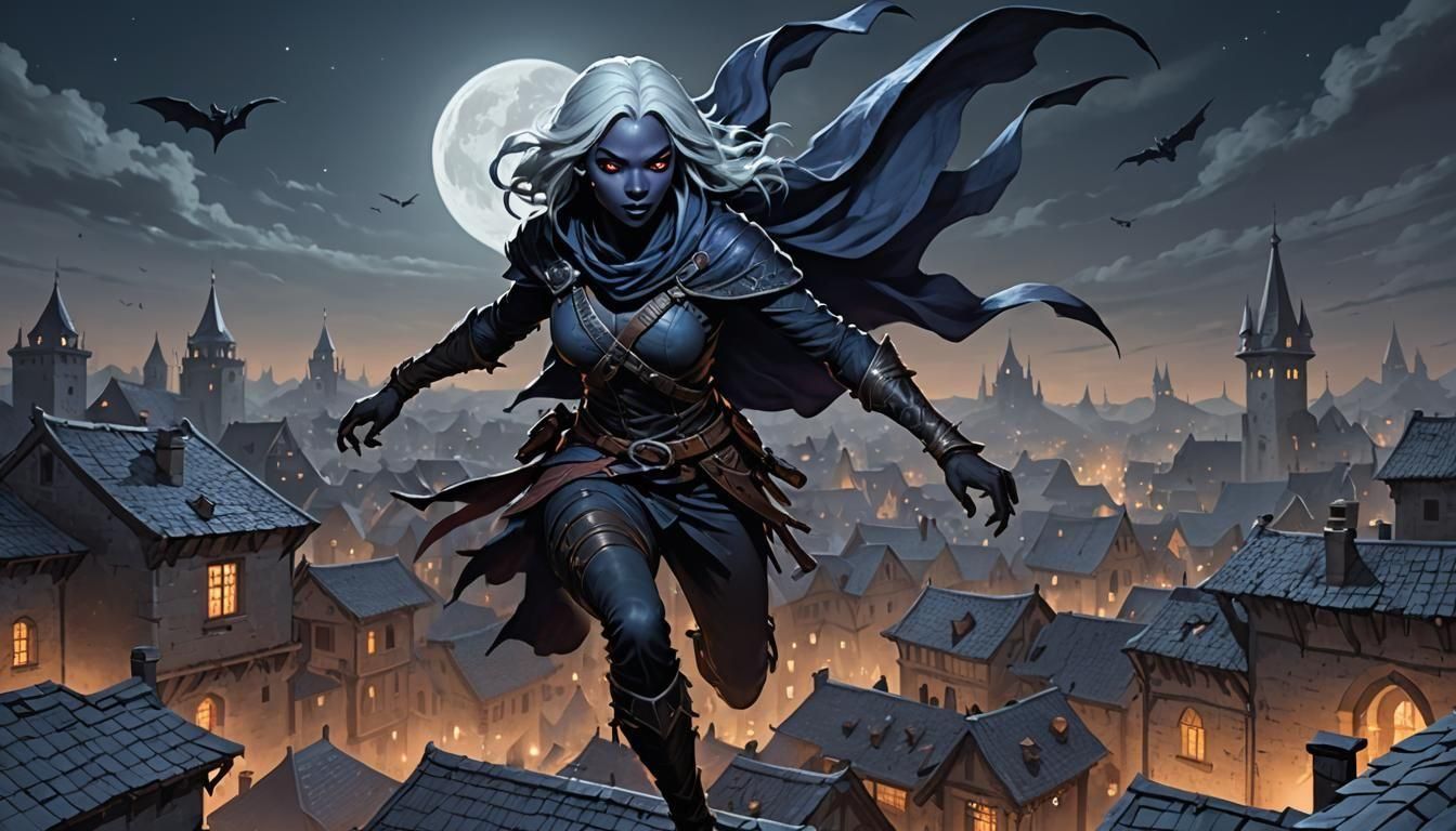 Ethereal Drow Assassin Leaps Across Moonlit Rooftops