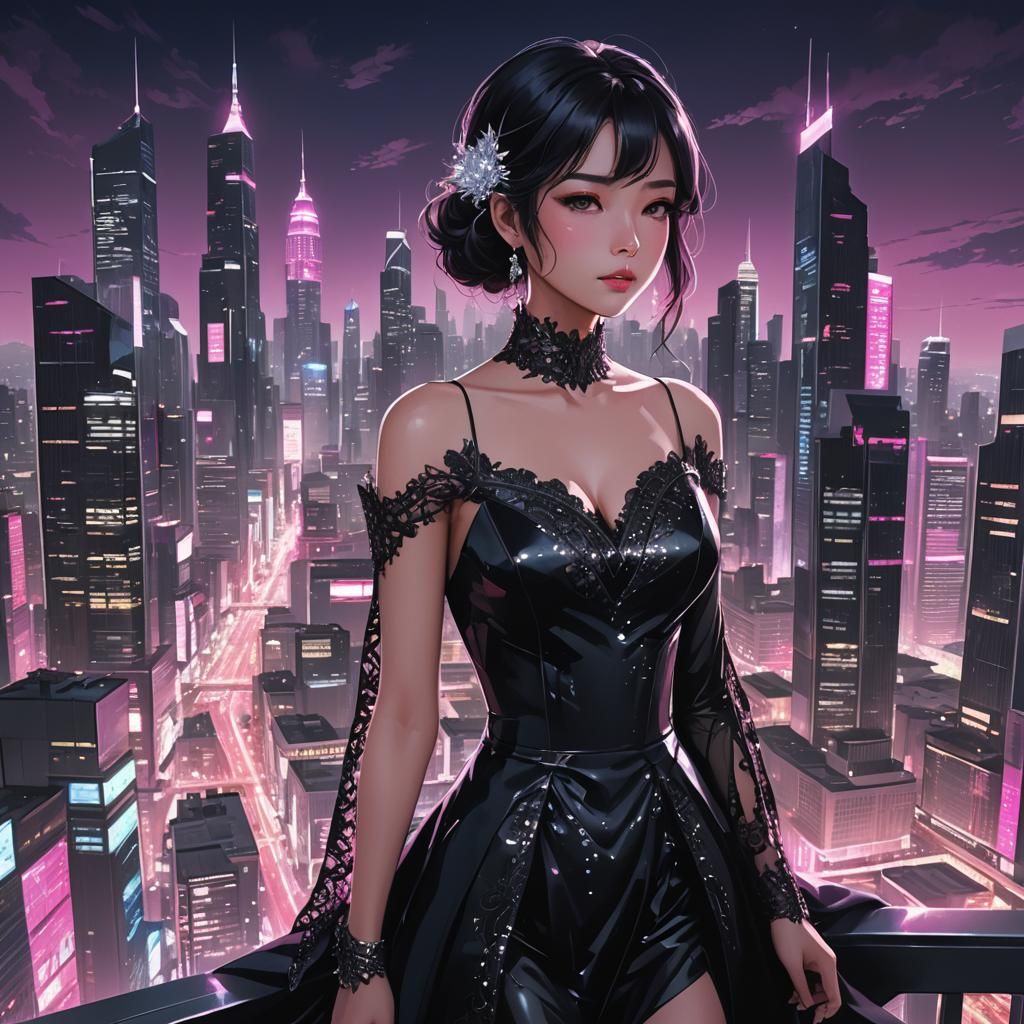 Sultry Nighttime City Damsel in Shimmering Gown