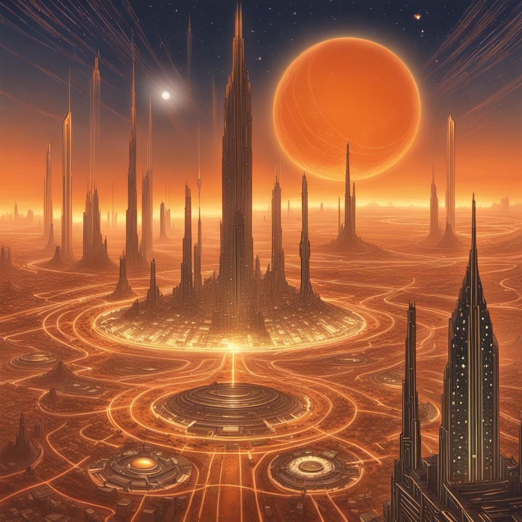 Cyberpunk Cityscape on Mars with Ancient Ruins and Ley Lines...
