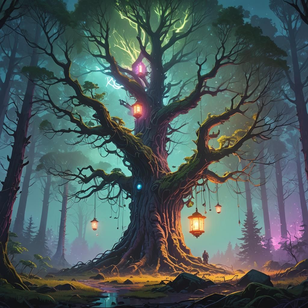 Ethereal Blue Arvore Tree Radiates Light in Mystical Forest....