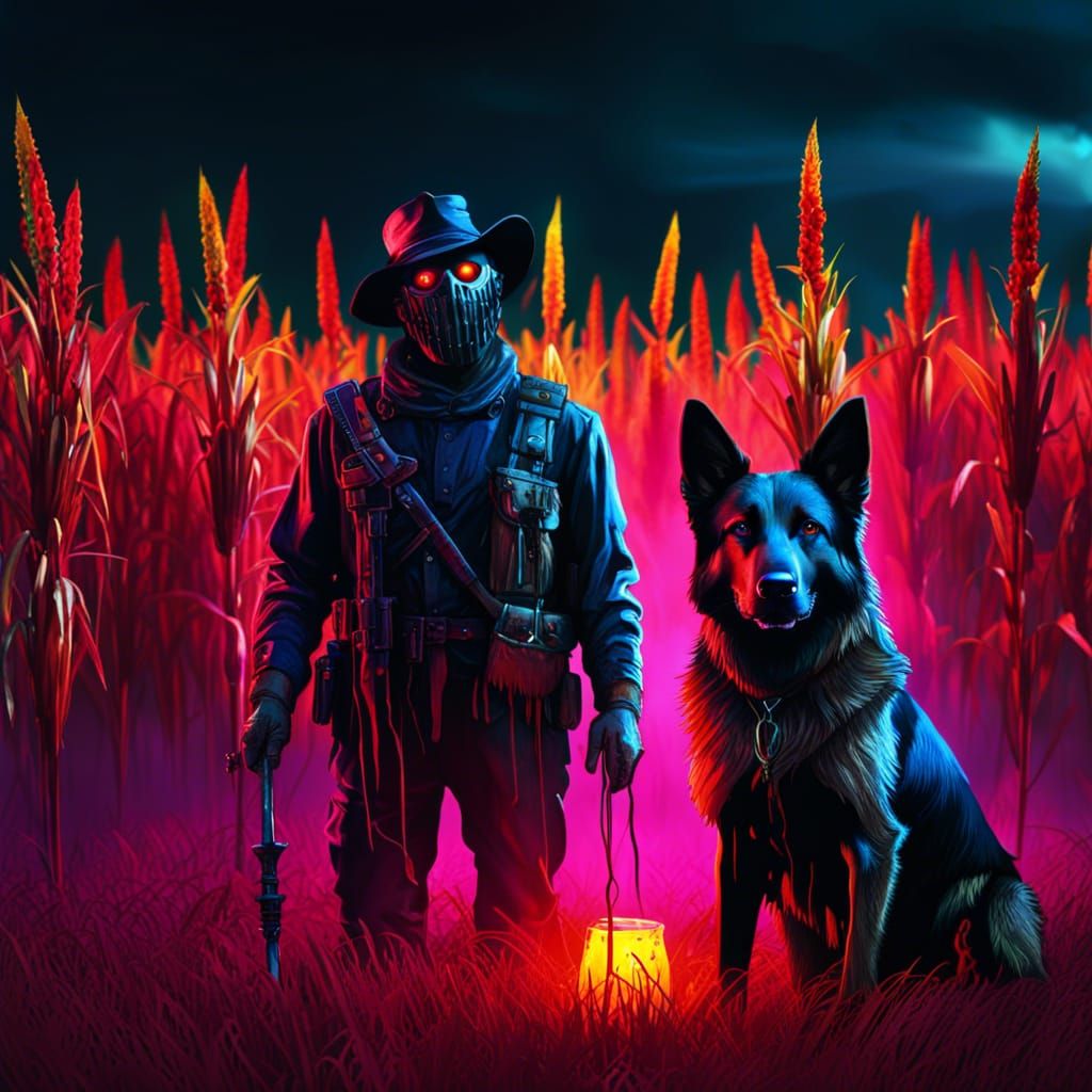 Surreal Dark Fantasy Scarecrow and German Shepherd in a Myst...