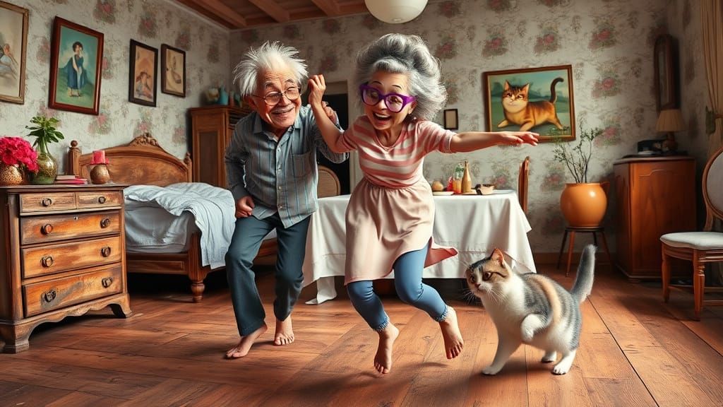 Rustic Whimsy: Elderly Couple's Joyful Dance