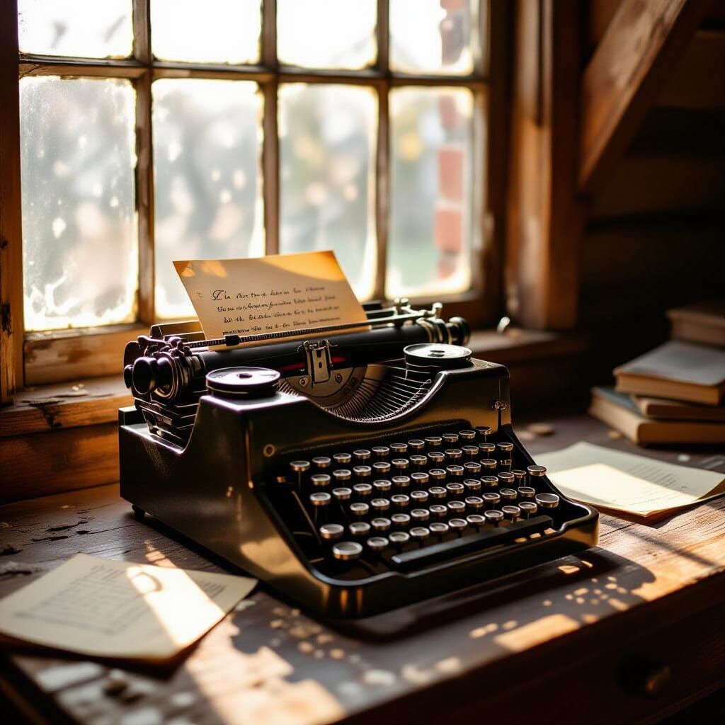 Vintage Typewriter in Dusty Attic with Faded Love Letter
