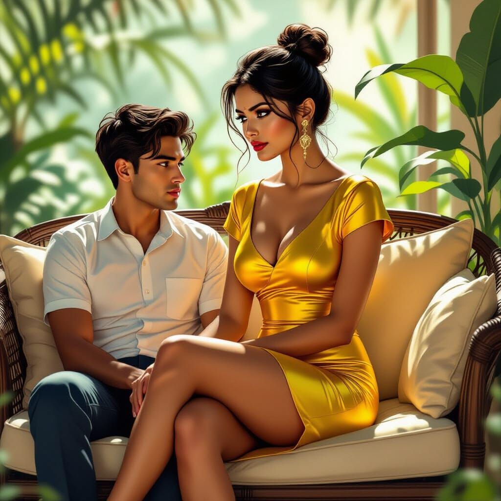 Indian Woman in Yellow Skirt in Garden