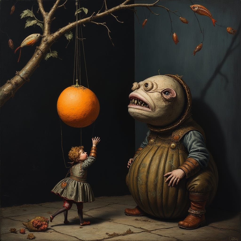 Gothic Orange Puppet Painting in Dürer & Ceccoli Styles