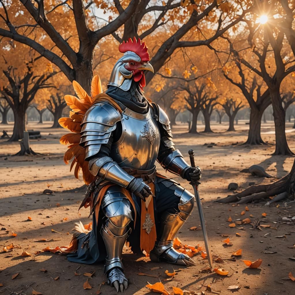 Knightly Rooster Kneels on Barren Land