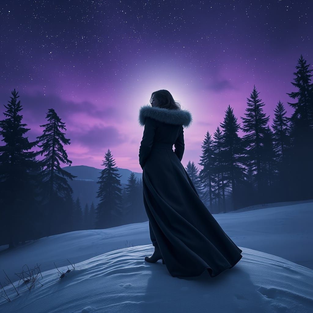 Ethereal Woman Under Starry Night Sky with Cedar Trees