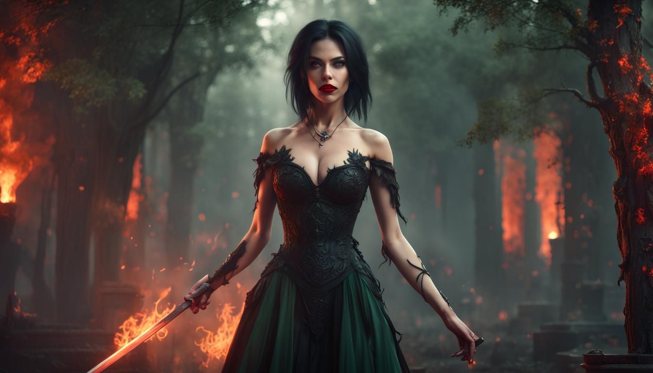 Gothic Fantasy Warrior Goddess with Emerald Glow Sword