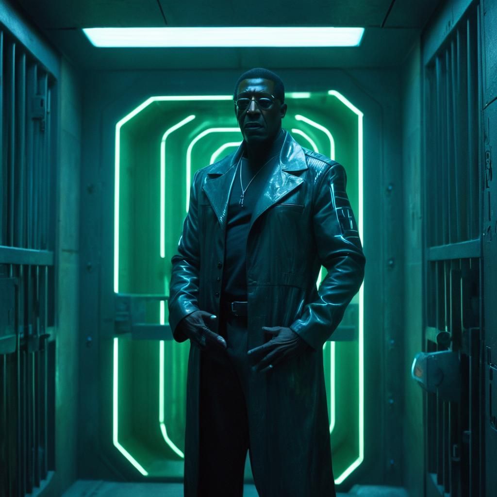 Wesley Snipes as Simon Phoenix in a Futuristic Prison Cell