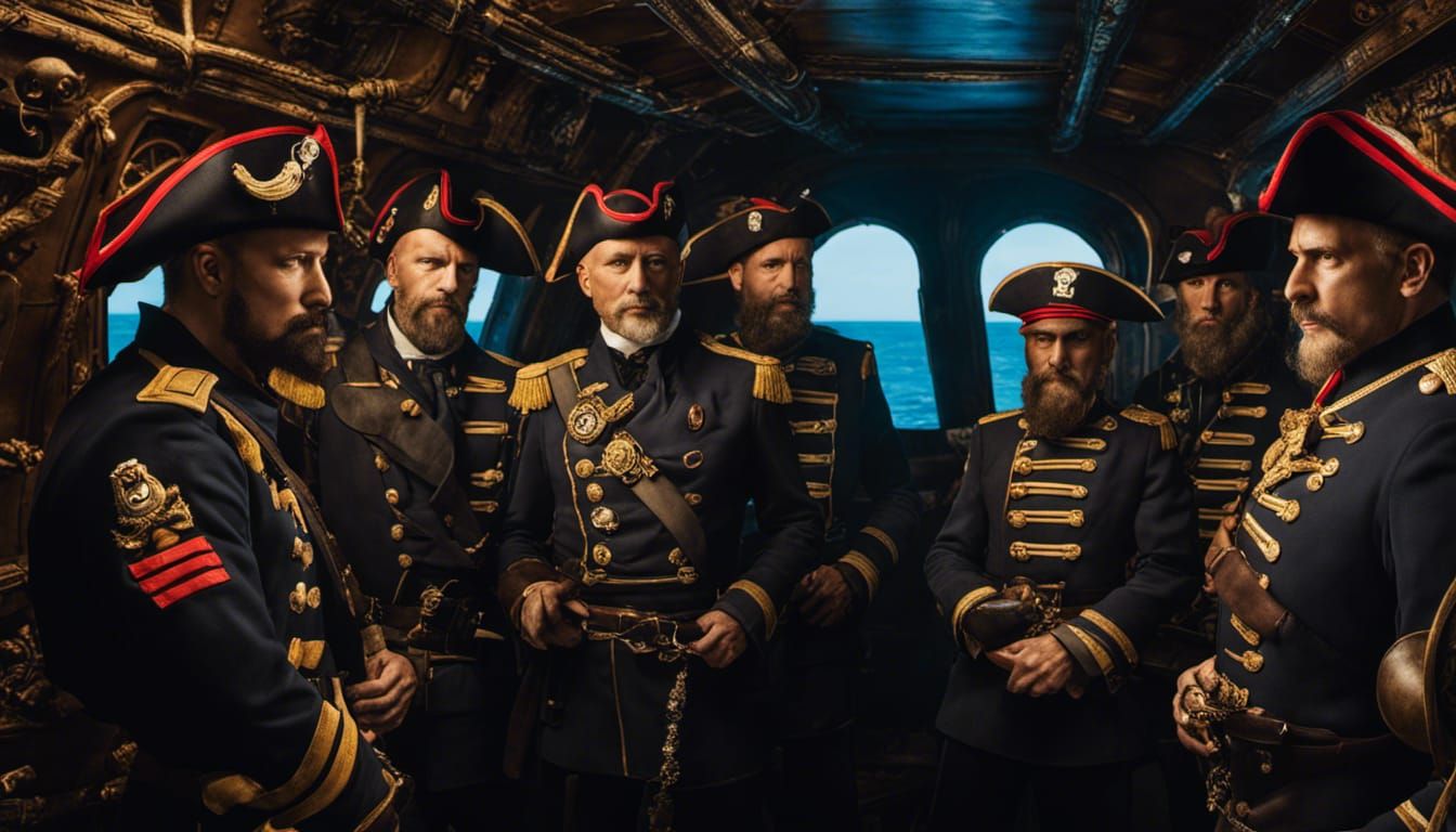 (((4D))) A group of pirate men in ornate pirate-navy hybrid uniforms are heavily in discussion with eachother- they are ...
