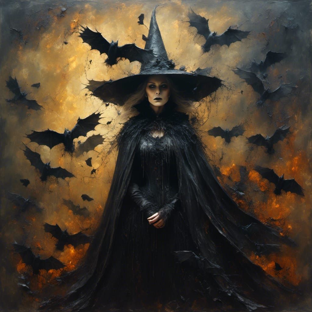 Elegant Dark Fantasy Witch in Oil Painting