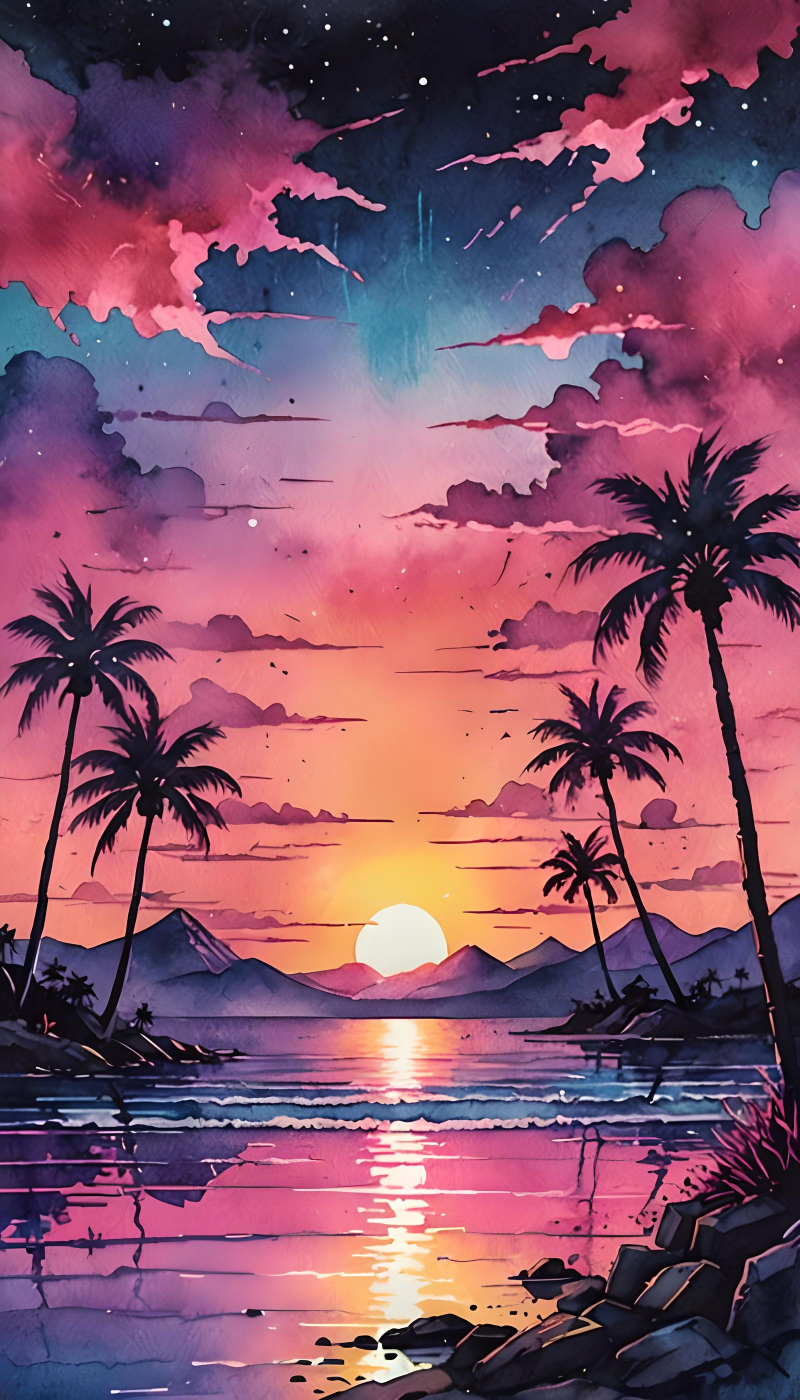 Surreal Sunset Synthwave Watercolor Scene