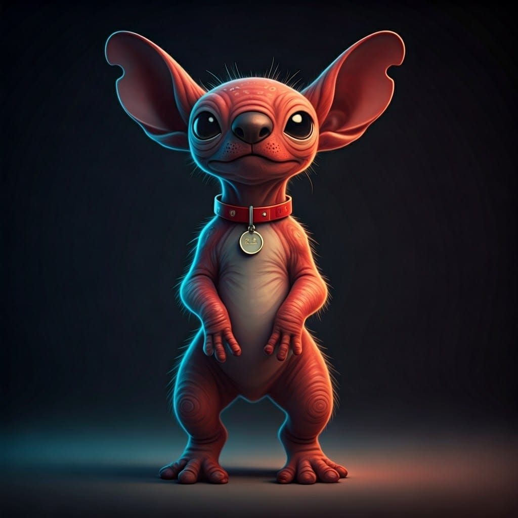 Red Dog-Like Alien in Neon-Lit Cyberpunk Style