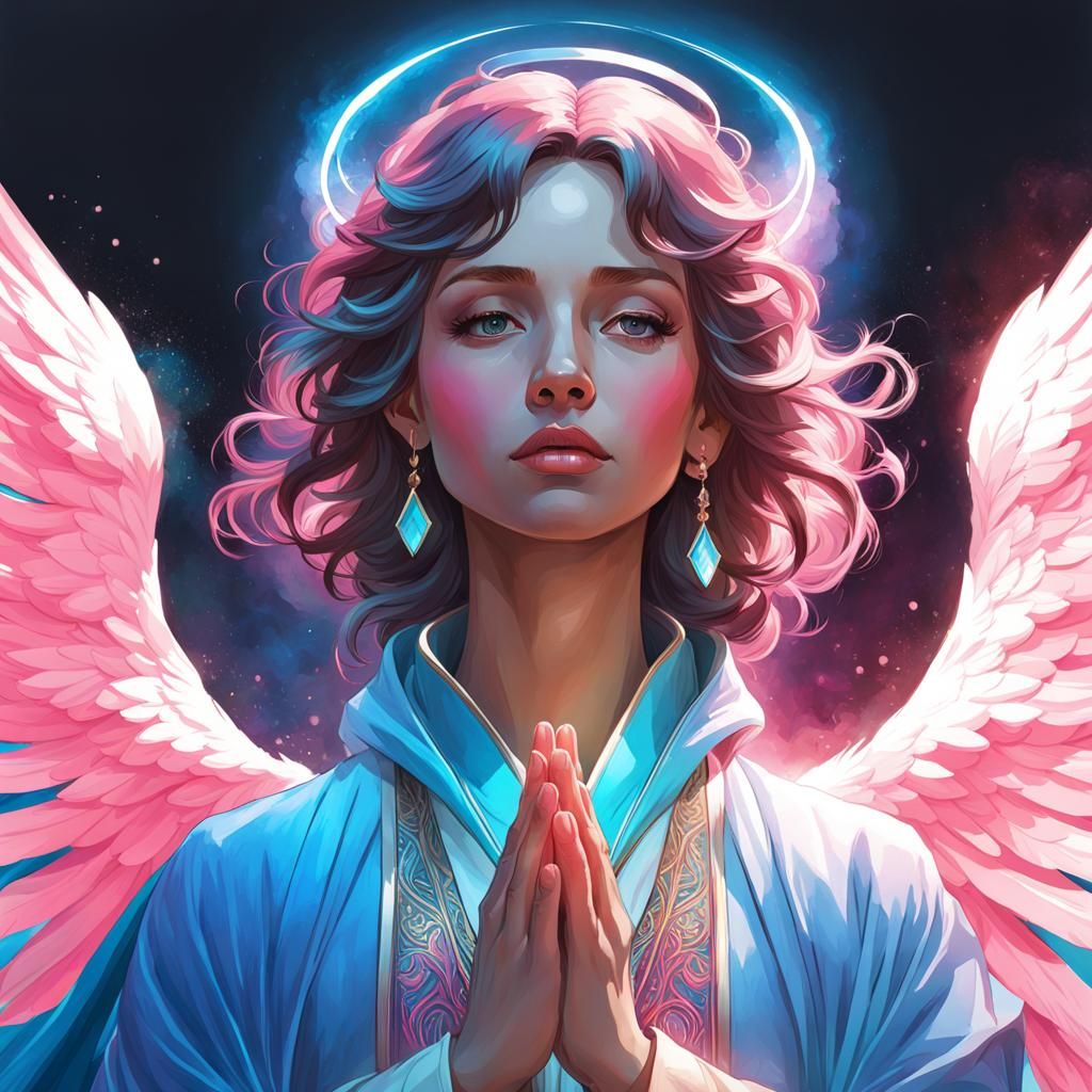 Angel in Prayer: Watercolour Portrait in Pink and Blue