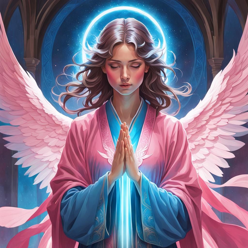 Angelic Portrait in Pink and Blue, Hyperdetailed