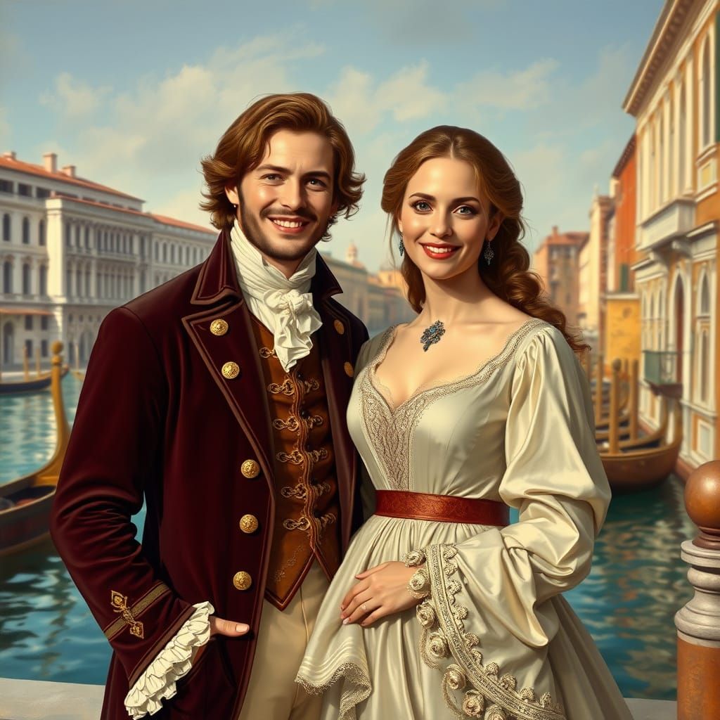 Couple in 18th-Century Venice Renaissance Style Oil Painting