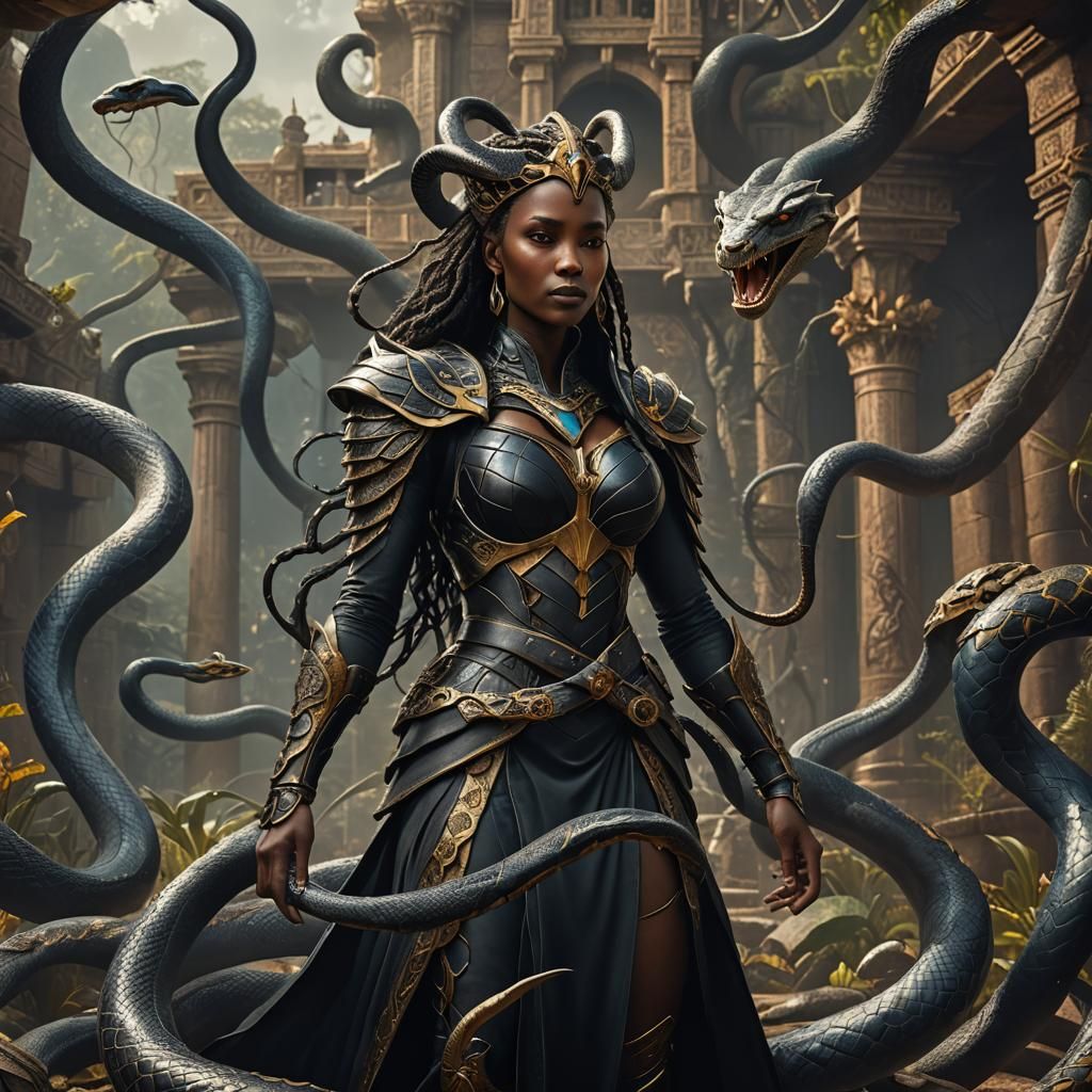 Surreal Black Mamba Snake Goddess in Vibrant Fantastical Rea...